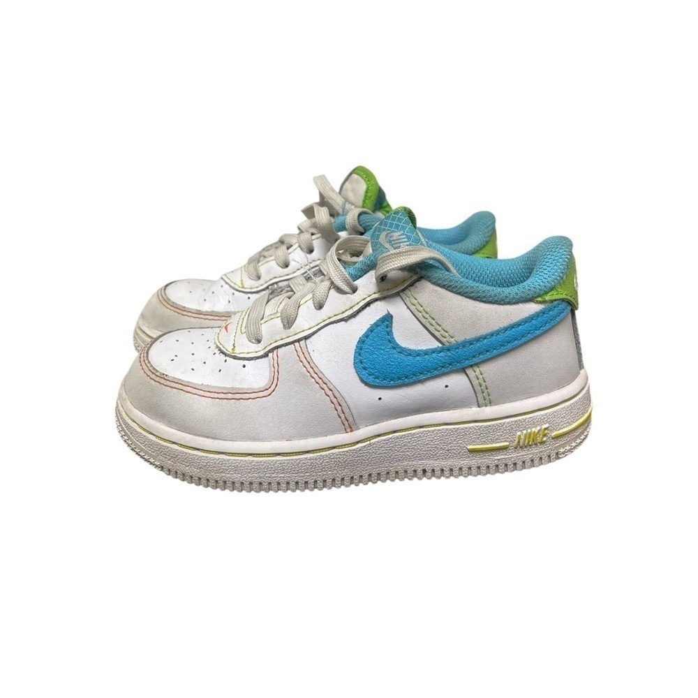 Nike Air Force 1 Low Kids 9C White Blue Green FJ4811-100 Contrast Stitch
